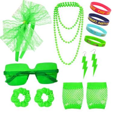 Imagem de Fantasias dos anos 80, 90, acessórios para mulheres, homens, anos 1980, neon, faixa de cabeça, brincos, óculos de sol, retrô, conjunto de roupa de festa de Halloween, Verde