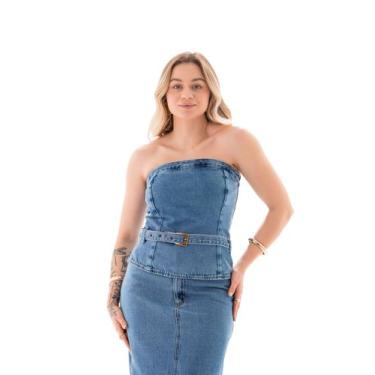 Imagem de Top Corset Jeans Feminino Arauto Com Cinto, Azul, GG