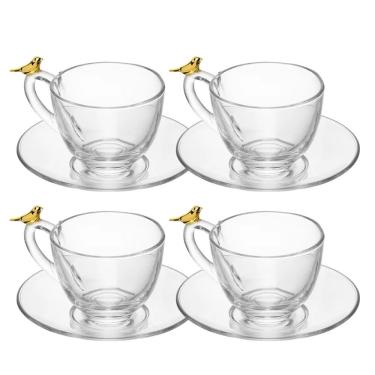 Imagem de Jogo 4 Xícara De Chá Com Pires Golden Bird Pássaro 180ml Cristal Ecológico Wolff