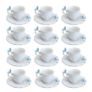Imagem de Jogo 12 Xícara De Café Porcelana Birds Azul E Branca Fio Dourado Pássaro Com Pires 100ml Wolff
