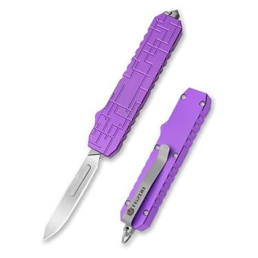 Imagem de TGZUO Faca de bolso de bisturi de liga de alumínio com clipe pequeno EDC cortador retrátil retrátil faca utilitária artesanato de precisão 5 peças #60 5 peças #24 lâminas de aço carbono (roxo)