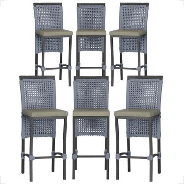 Imagem de 6 Banqueta Em Alumínio Roma Preta Corda Náutica Tecido 8 Prata