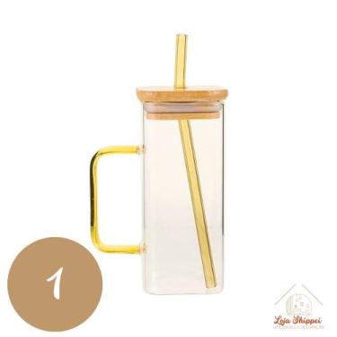 Imagem de Copo de Vidro Quadrado 350ml com Alça e Tampa Bambu e Canudo - TOP ÚTI