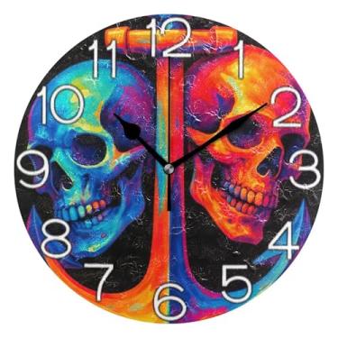 Imagem de GAIGEO Relógio de parede analógico decorativo estético silencioso sem tique-taque relógio de cozinha de escritório, arte de parede moderna legal decoração de casa azul laranja crânios preto legal, 25