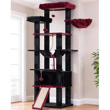 Imagem de Heybly Árvore de gato alta, torre de vários níveis para gatos de 198 cm, 2 poleiros de pelúcia alargados, condomínio para gatos com tábua de arranhar e cavernas grandes, preto e vermelho HCT033BR
