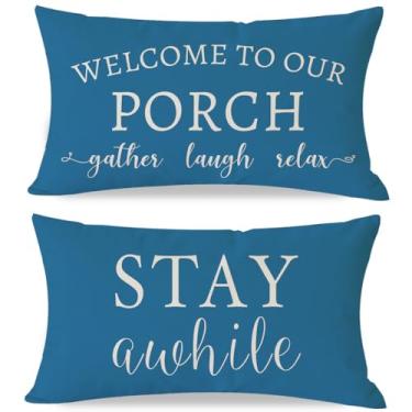 Imagem de PANDICORN Welcome to Our Porch Stay Awhile Outdoor Lombar Capas de almofada decorativas 30,5 x 50,8 cm Conjunto de 2 Relaxamento náutico costeiro decoração de pátio para decoração de banco de sofá