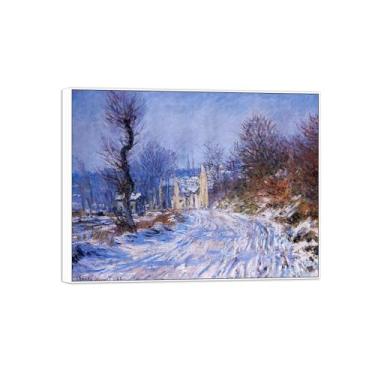 Imagem de Claude Monet Famosa impressão em tela de parede pronta para pendurar - Road to Giverny no inverno - pintura com moldura branca para decoração de sala de estar 40 x 50 cm 16 x 20 pol