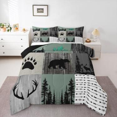 Imagem de Feelyou Conjunto de cama de urso rústico ocidental macio para meninos e meninas, conjunto de edredom rústico de cervo de cabana de tamanho casal com animais selvagens, caça, colcha de campo, decoração