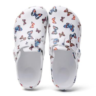 Imagem de FRTUBOP Tamancos de enfermeira com suporte de arco para mulheres: Sapatos de trabalho antiderrapantes à prova d'água para jardim - Mules com fivela ajustável - Chinelos antiderrapantes, Borboleta