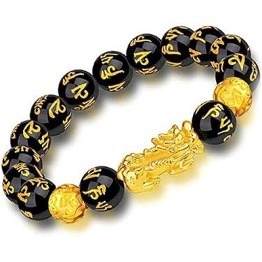 Imagem de SAVMA Pulseira preta Feng Shui Obsidiana Wealth para homens e mulheres 12 mm personagem Sagin Pixiu para proteção traz energia positiva e prosperidade da sorte, adequada para qualquer ocasião, unissex