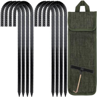 Imagem de RIY Estacas de trampolim âncoras de vento forte estacas de barraca para serviço pesado 30 cm acessórios de trampolim com gancho em T - Atualizado em forma de J (pacote com 8, preto)