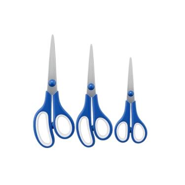 Imagem de Kit com 3 Tesouras para Corte de Tecido, Papel, Plástico e Borracha, 19,5cm, 22cm e 14cm (Azul)