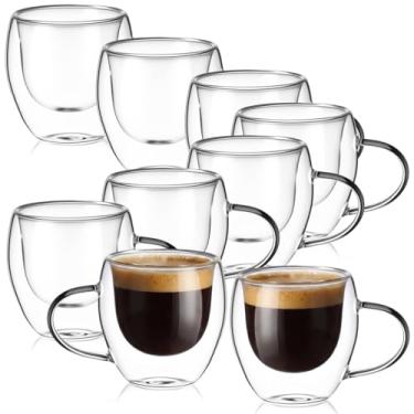 Imagem de Yiyiring Conjunto de 8 xícaras de café expresso de parede dupla de 142 g de vidro soprado à mão canecas de café de vidro isolado transparente com alça para máquina de café expresso, cappuccino, latte