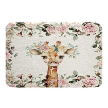 Imagem de Lindo tapete de banheiro girafa rosa microfibra tapete de banho 40,6 cm x 61 cm meninas crianças, desenho animado animal antiderrapante decoração de quarto floral flor tapete de porta de entrada