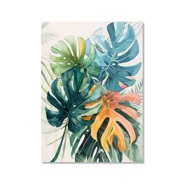 Imagem de Arte de parede de folhas tropicais – Impressão de folha de palmeira verde aquarela, pôster Monstera, decoração de plantas tropicais modernas para sala de estar em casa (SKU2,16x24") = (40 x 60 cm