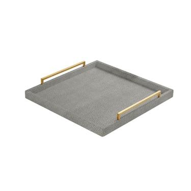 Imagem de Bandeja de otomana extra grande cinza shagreen de 61 cm bandeja de servir quadrada funcional bandeja decorativa elegante para sala de estar de casa moderna (alça cinza-dourada, 61 cm)