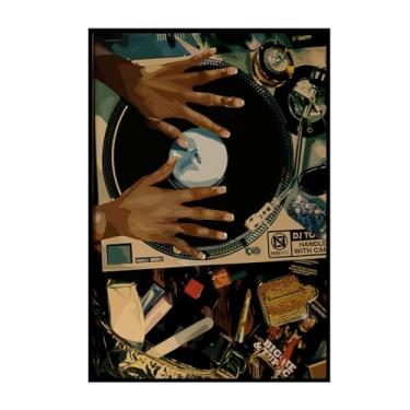 Imagem de Arte de parede abstrata em tela de mulher negra 40,6 x 61 cm sem moldura, disco de música afro-americana vintage decoração de parede com mãos de DJ no toca-discos, arte retrô de disco de vinil para