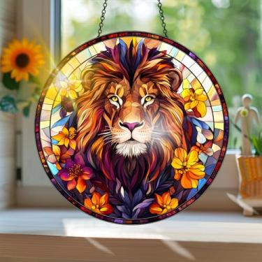 Imagem de Acrílico colorido, apanhador de sol estilo vitral com estampa de animal leão, com reflexos de arco-íris, decoração de janela suspensa, decoração de parede, ornamentos de primavera, uso interno e