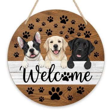Imagem de Placa de porta da frente Welcome Dogs, estampas de patas de cachorro, placas redondas de madeira penduradas, placa de portas penduradas para cães, quintal, varanda, parede, janela, decoração de casa