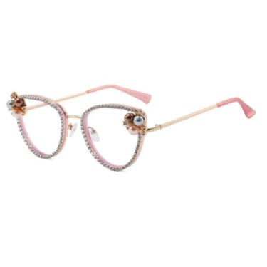 Imagem de HPIRME Óculos de lentes transparentes femininos, armação de pérolas, luxo, metal (rosa)