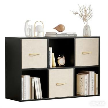 Imagem de Organizador de armazenamento de 6 cubos – estante de madeira maciça com 3 caixas de armazenamento, prateleira de cubo com 2 painéis traseiros removíveis, estante vertical ou horizontal, prateleira