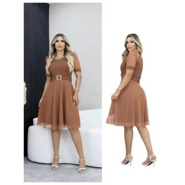 Imagem de Vestido Mídi Manga Princesa tule Poa Forrado Canelado com Cinto no Mei