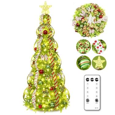 Imagem de NatuBeau Árvore de Natal pop-up de 1,8 m com 150 luzes LED e controle remoto, árvore de Natal dobrável Prelit dobrável com enfeite de bola de estrela, laços para sala de estar, apartamento, decoração