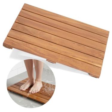 Imagem de AN68 Tapete de chuveiro de madeira 33 × 50 cm - Tapete de banho de madeira sólida de acácia, pés antiderrapantes, design de ripas de drenagem rápida - Spa, banheiro e uso ao ar livre (acácia)