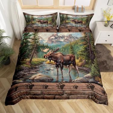 Imagem de Castle Fairy Capa de edredom de alce tamanho casal, conjunto de cama macio com estampa de urso de cabana retrô, 3 peças, capa de edredom temática de caça rústica, 2 fronhas (não edredom)