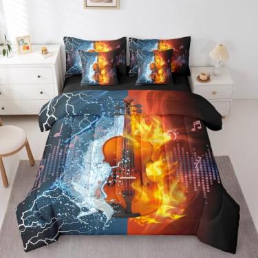 Imagem de Jogo de cama solteiro para violino, 7 peças, notas musicais artísticas com lençol para crianças, tema musical, moderno, chama de água, relâmpago, conjunto de cama em uma bolsa com fronhas