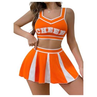Imagem de SHENHE Conjunto de 2 peças de fantasia feminina de líder de torcida cosplay lingerie micro saia, Laranja, X-Small