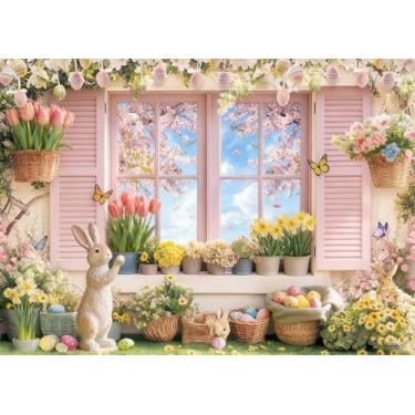 Imagem de DULUDA Pano de fundo para primavera, Páscoa, 2,8 x 1,8 m, colorido, ovos, coelhinho, floral, rosa, janela, cenário, fotografia, cenário, Páscoa, crianças, festivais, festas, retratos, fotos