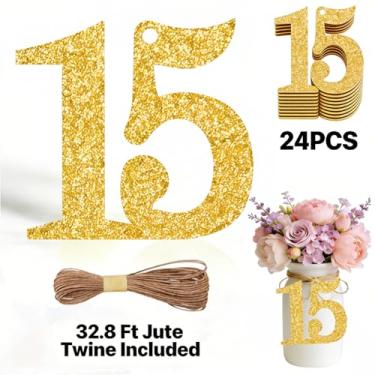 Imagem de ALISSAR 24 peças de etiquetas de ouro com 15 números com barbante de juta de 32,8 m – decorações de aniversário de 15 anos, artigos de festa de 15º aniversário, peças centrais de pote de pedreiro, kit