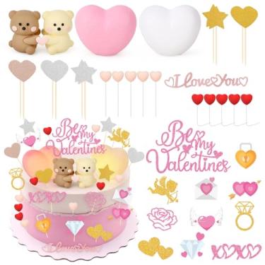 Imagem de Hooqict Conjunto de 36 peças de decorações de bolo para o dia dos namorados com doce coração de amor para festa dos namorados e topos de cupcake para decoração de festa de aniversário de aniversário