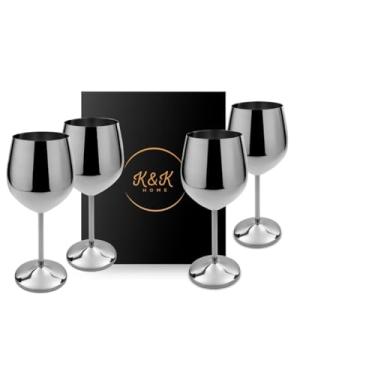 Imagem de K&K Home Taças de vinho pretas inquebráveis de aço inoxidável prata - 510 g - Conjunto de 4 taças de vinho coloridas de metal com haste perfeita para atividades ao ar livre, casamentos e festas