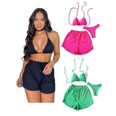 Imagem de Kit 3 Biquíni Com Short Malha Canelada Brilhante Premium - Praia - mod