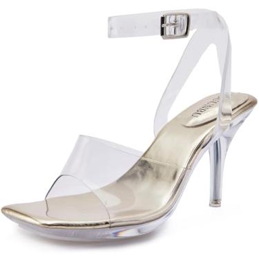 Imagem de NBUUNBU Salto transparente para mulheres, sexy, tiras transparentes, tiras no tornozelo, sapatos plataforma, salto gatinho, bico quadrado, sandálias confortáveis, Dourado, 40