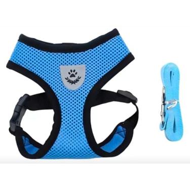 Imagem de Coleira peitoral para cachorro e gatos colete refletivo com guia pets pequenos coelhos (Peitoral Azul - M)