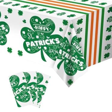 Imagem de Blync 3 toalhas de mesa para o dia de São Patrício, toalha de mesa listrada de trevo de 137 x 272 cm, decorações de plástico retangulares verdes para festas, piqueniques, jantares