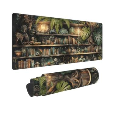 Imagem de Tapete de mouse grande para jogos, estampa de galáxia longa costurada com flor de cerejeira japonesa e mármore para casa e escritório (80 x 30 cm) (casa de árvore verde mística)