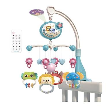 Imagem de Móvel de berço fofo para bebê com luzes música projeção estrelas brinquedos pendurados rotativos decoração cama controle remoto meninos e meninas