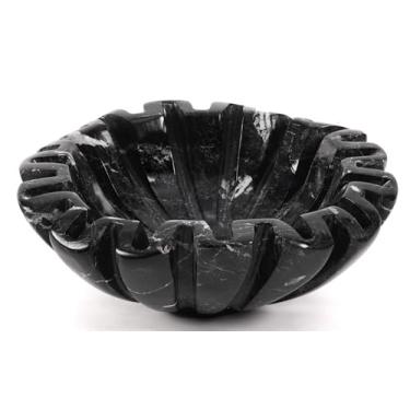 Imagem de SPESHSTONES Tigela decorativa de mármore 15 cm feita à mão com babados pretos para decoração de casa, centros de mesa para mesas, prateleira de livros e presentes, tigela recortada para doces, tigela