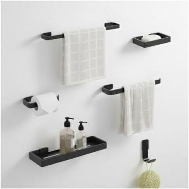 Imagem de Kit Acessórios para Banheiro Aço Inox 6 Peças Porta Toalhas Papeleira Saboneteira Porta Shampoo Gancho (Preto)
