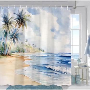 Imagem de Pyrence Cortina de chuveiro de praia costeira, onda do oceano azul, havaiana, pôr do sol, vista do mar, banheiro, boho, costeira, vintage, porta de celeiro, conjunto de cortina de chuveiro de tecido