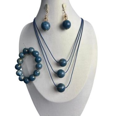 Imagem de Kit colar brinco e pulseira resina promoção presente - MLBpel, Azul