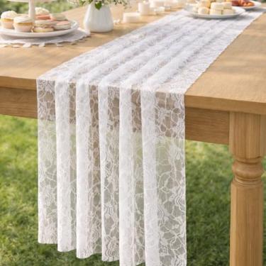 Imagem de Caminho de mesa de malha de renda branca, 73 x 187 cm bordado boho tule tecido renda caminho de mesa, vintage rústico sazonal transparente peça central para decoração de festa de chá de bebê de