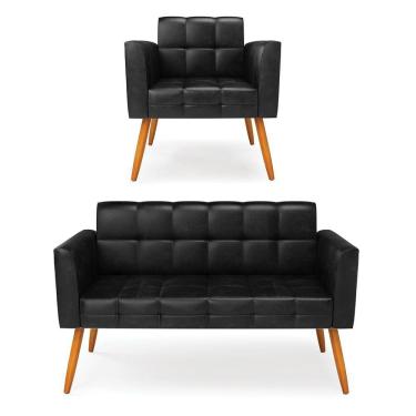 Imagem de Kit 1 Sofá Namoradeira E 1 Poltrona Elisa Corano Pés Palito Castanho - D'rossi Cor Preto