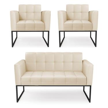 Imagem de Kit 1 Sofá Namoradeira E 2 Poltronas Elisa Corino Bege Base Metálica Industrial Preto - D'rossi