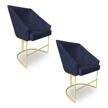 Imagem de Kit 2 Poltronas Decorativas Alana Veludo Azul Marinho Base De Ferro Dourado - Pallazio