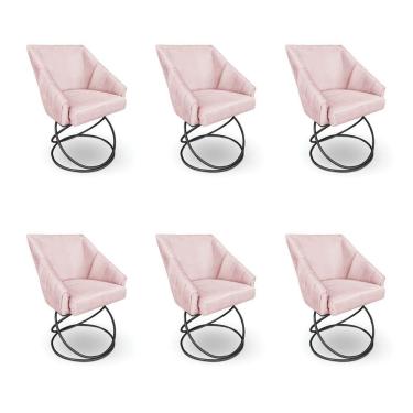 Imagem de Kit 6 Poltronas Luxo Alana Suede Rosa Bebê Base Luxo Preto - Pallazio